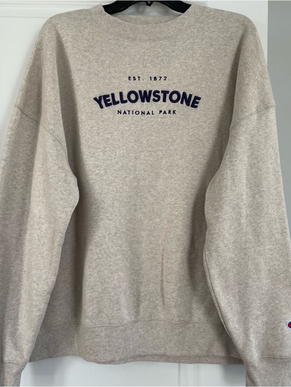 Vintage Champion Beige Crewneck Sweatshirt with Navy Yellowstone Logo